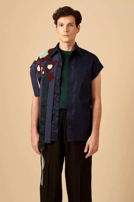 Siddhant Agrawal Blue Cotton, Poly Crepe Applique Shirt 