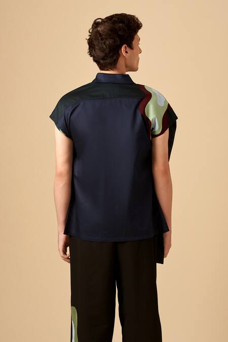 Shop Siddhant Agrawal Blue Cotton, Poly Crepe Applique Shirt at Aza Fashions Shop_Siddhant Agrawal_Blue Cotton, Poly Crepe Applique Shirt _at_Aza_Fashions