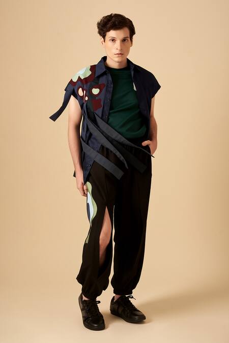 Siddhant Agrawal Blue Cotton, Poly Crepe Applique Shirt Online at Aza Fashions Siddhant Agrawal_Blue Cotton, Poly Crepe Applique Shirt _Online_at_Aza_Fashions