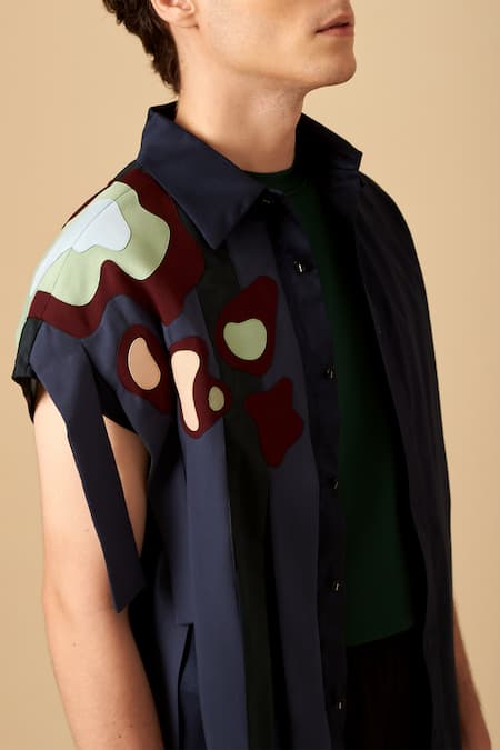 Siddhant Agrawal Blue Cotton, Poly Crepe Applique Shirt at Aza Fashions Siddhant Agrawal_Blue Cotton, Poly Crepe Applique Shirt _at_Aza_Fashions