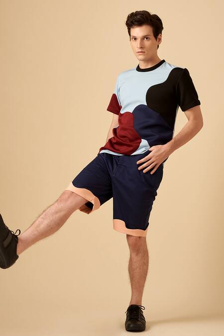 Shop Siddhant Agrawal Blue Poly Crepe, Single Scuba Applique T-shirt Online at Aza Fashions Shop_Siddhant Agrawal_Blue Poly Crepe, Single Scuba Applique T-shirt _Online_at_Aza_Fashions