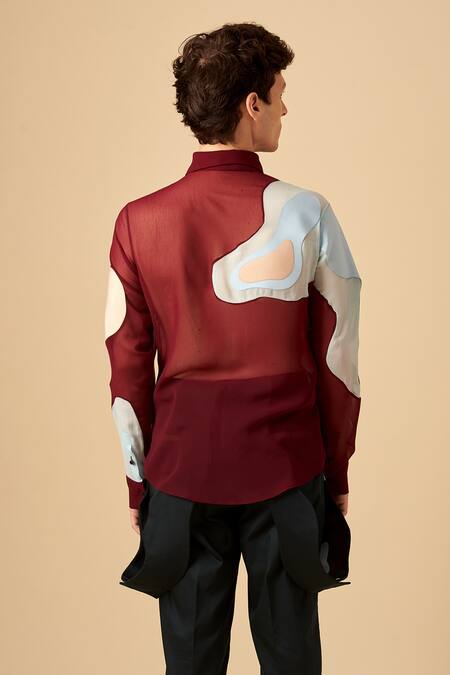 Shop Siddhant Agrawal Maroon Poly Georgette Applique Shirt at Aza Fashions Shop_Siddhant Agrawal_Maroon Poly Georgette Applique Shirt _at_Aza_Fashions