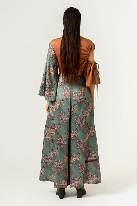 Shop Siddhant Agrawal Green Velvet And Crepe Asymmetric Printed Crop Top at Aza Fashions Shop_Siddhant Agrawal_Green Velvet And Crepe Asymmetric Printed Crop Top _at_Aza_Fashions