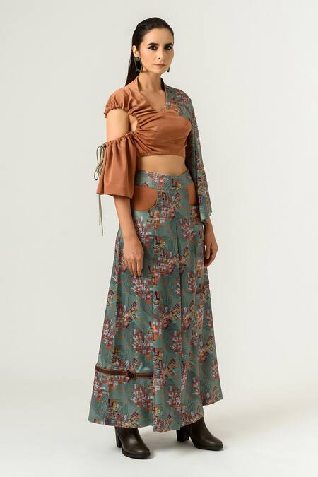 Siddhant Agrawal Green Velvet And Crepe Asymmetric Printed Crop Top Online at Aza Fashions Siddhant Agrawal_Green Velvet And Crepe Asymmetric Printed Crop Top _Online_at_Aza_Fashions