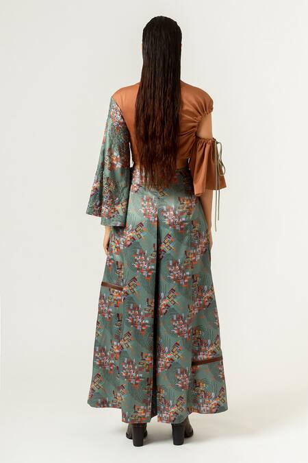 Shop Siddhant Agrawal Green Crepe And Pu Leather, Velvet Printed Flared Pants at Aza Fashions Shop_Siddhant Agrawal_Green Crepe And Pu Leather, Velvet Printed Flared Pants _at_Aza_Fashions