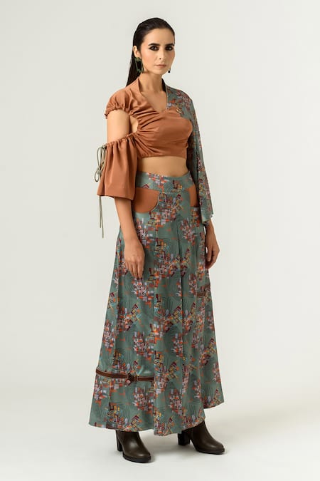 Siddhant Agrawal Green Crepe And Pu Leather, Velvet Printed Flared Pants Online at Aza Fashions Siddhant Agrawal_Green Crepe And Pu Leather, Velvet Printed Flared Pants _Online_at_Aza_Fashions