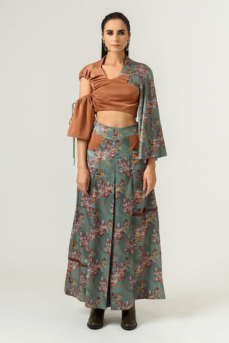 Buy Siddhant Agrawal Green Crepe And Pu Leather, Velvet Printed Flared Pants Online at Aza Fashions Buy_Siddhant Agrawal_Green Crepe And Pu Leather, Velvet Printed Flared Pants _Online_at_Aza_Fashions