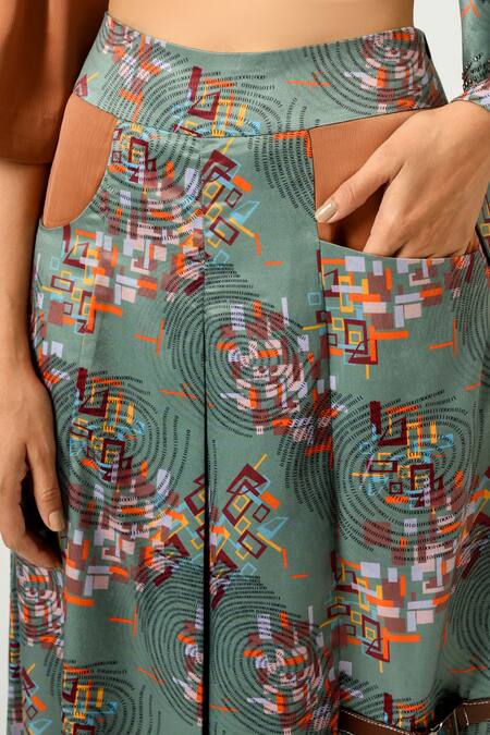 Shop Siddhant Agrawal Green Crepe And Pu Leather, Velvet Printed Flared Pants Online at Aza Fashions Shop_Siddhant Agrawal_Green Crepe And Pu Leather, Velvet Printed Flared Pants _Online_at_Aza_Fashions