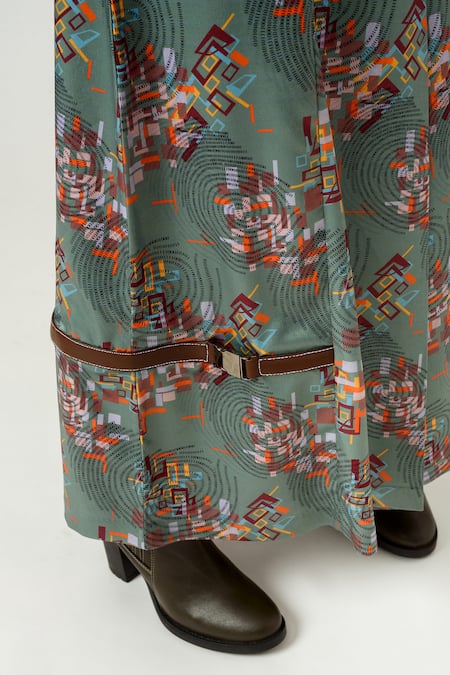 Siddhant Agrawal Green Crepe And Pu Leather, Velvet Printed Flared Pants at Aza Fashions Siddhant Agrawal_Green Crepe And Pu Leather, Velvet Printed Flared Pants _at_Aza_Fashions