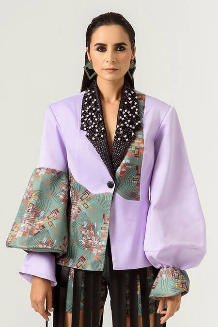 Siddhant Agrawal Purple Velvet Satin And Knitted Mesh Lining Rayon Printed Blazer 