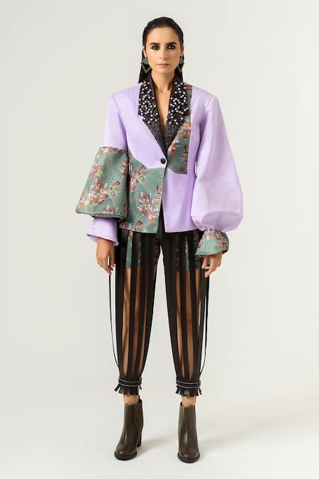 Buy Siddhant Agrawal Purple Velvet Satin And Knitted Mesh Lining Rayon Printed Blazer Online at Aza Fashions Buy_Siddhant Agrawal_Purple Velvet Satin And Knitted Mesh Lining Rayon Printed Blazer _Online_at_Aza_Fashions