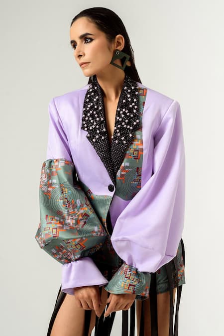 Shop Siddhant Agrawal Purple Velvet Satin And Knitted Mesh Lining Rayon Printed Blazer Online at Aza Fashions Shop_Siddhant Agrawal_Purple Velvet Satin And Knitted Mesh Lining Rayon Printed Blazer _Online_at_Aza_Fashions