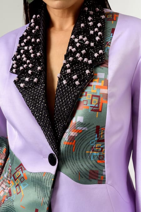 Siddhant Agrawal Purple Velvet Satin And Knitted Mesh Lining Rayon Printed Blazer at Aza Fashions Siddhant Agrawal_Purple Velvet Satin And Knitted Mesh Lining Rayon Printed Blazer _at_Aza_Fashions