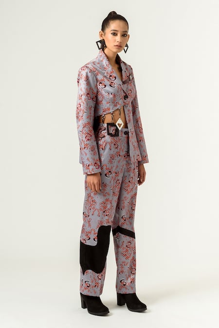 Siddhant Agrawal_Grey Poly Satin Lapel Collar Printed Blazer _Online_at_Aza_Fashions