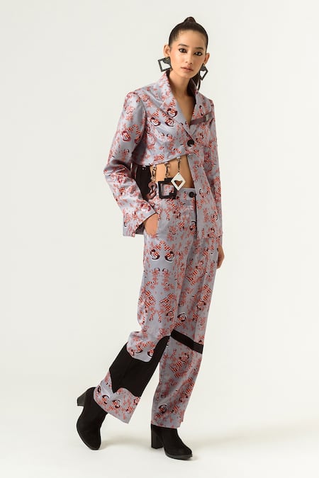 Buy_Siddhant Agrawal_Grey Poly Satin Lapel Collar Printed Blazer _Online_at_Aza_Fashions