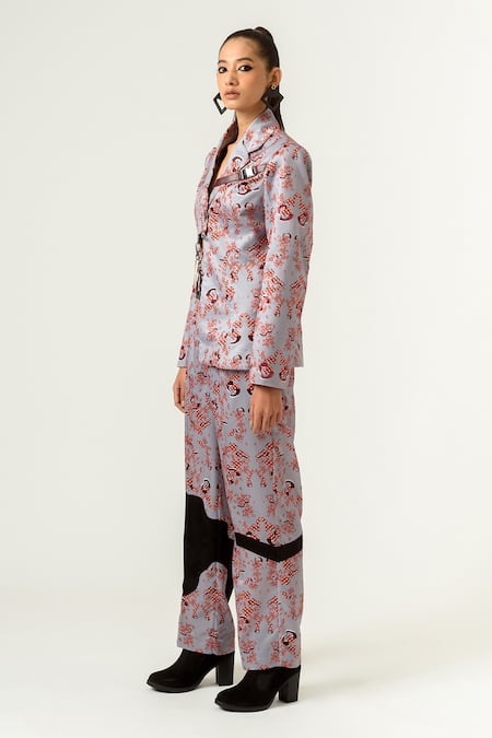 Shop_Siddhant Agrawal_Grey Poly Satin Lapel Collar Printed Blazer _Online_at_Aza_Fashions