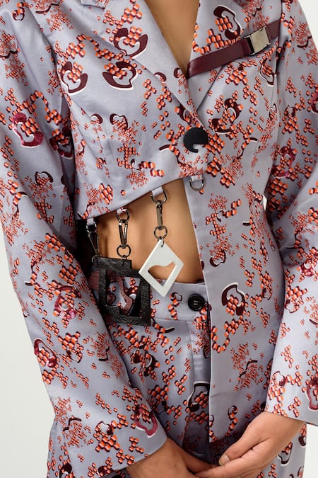 Siddhant Agrawal_Grey Poly Satin Lapel Collar Printed Blazer _at_Aza_Fashions