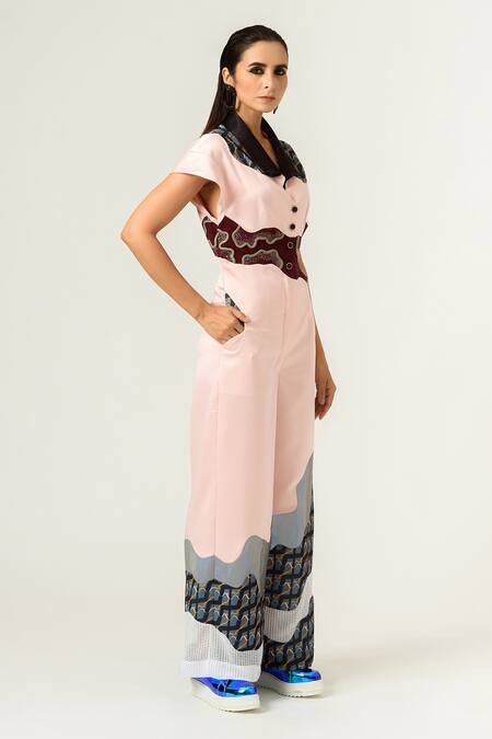 Siddhant Agrawal_Peach Banana Crepe, Knit Mesh And Silver Printed Jumpsuit _Online_at_Aza_Fashions