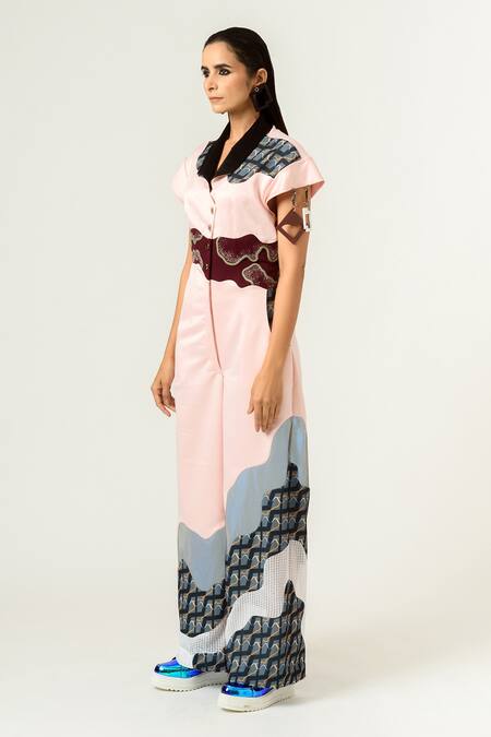 Buy_Siddhant Agrawal_Peach Banana Crepe, Knit Mesh And Silver Printed Jumpsuit _Online_at_Aza_Fashions