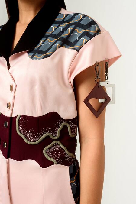 Shop_Siddhant Agrawal_Peach Banana Crepe, Knit Mesh And Silver Printed Jumpsuit _Online_at_Aza_Fashions