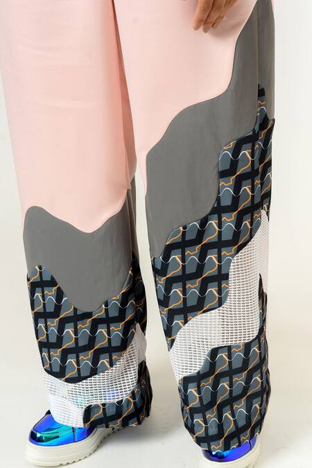 Siddhant Agrawal_Peach Banana Crepe, Knit Mesh And Silver Printed Jumpsuit _at_Aza_Fashions