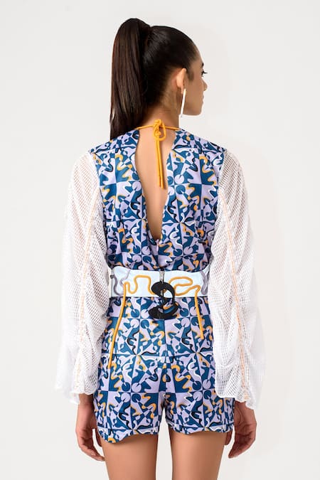 Shop Siddhant Agrawal Purple Velvet Satin And Knit Mesh Round Printed Playsuit at Aza Fashions Shop_Siddhant Agrawal_Purple Velvet Satin And Knit Mesh Round Printed Playsuit _at_Aza_Fashions