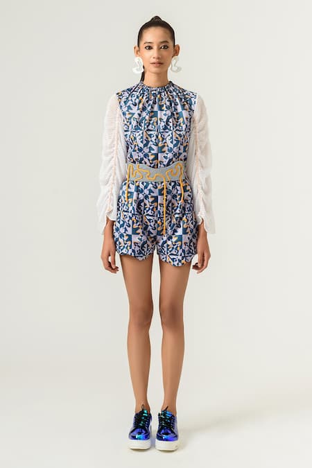 Siddhant Agrawal Purple Velvet Satin And Knit Mesh Round Printed Playsuit Online at Aza Fashions Siddhant Agrawal_Purple Velvet Satin And Knit Mesh Round Printed Playsuit _Online_at_Aza_Fashions