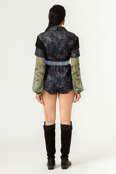 Shop Siddhant Agrawal Black India, Knit Mesh And Georgette, Lycra Printed Playsuit at Aza Fashions Shop_Siddhant Agrawal_Black India, Knit Mesh And Georgette, Lycra Printed Playsuit _at_Aza_Fashions