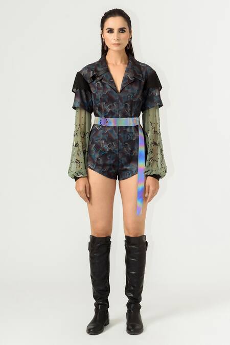 Buy Siddhant Agrawal Black India, Knit Mesh And Georgette, Lycra Printed Playsuit Online at Aza Fashions Buy_Siddhant Agrawal_Black India, Knit Mesh And Georgette, Lycra Printed Playsuit _Online_at_Aza_Fashions