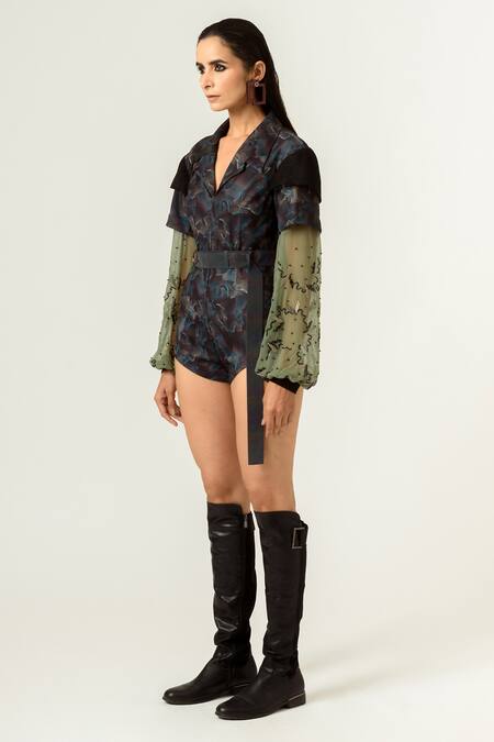 Shop Siddhant Agrawal Black India, Knit Mesh And Georgette, Lycra Printed Playsuit Online at Aza Fashions Shop_Siddhant Agrawal_Black India, Knit Mesh And Georgette, Lycra Printed Playsuit _Online_at_Aza_Fashions