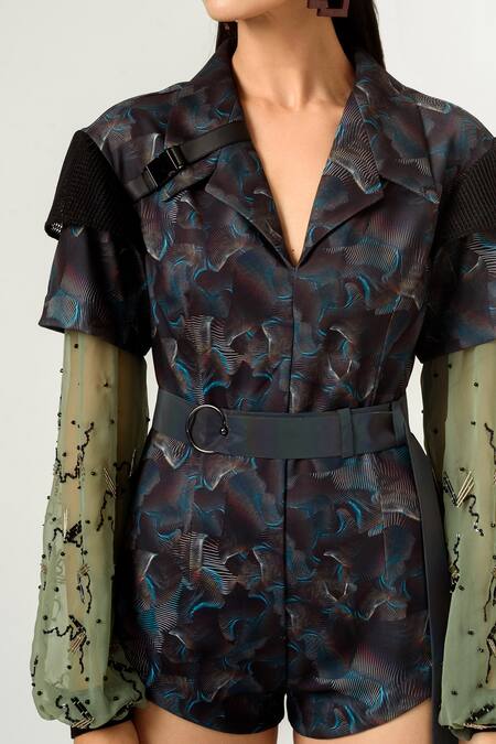 Siddhant Agrawal Black India, Knit Mesh And Georgette, Lycra Printed Playsuit at Aza Fashions Siddhant Agrawal_Black India, Knit Mesh And Georgette, Lycra Printed Playsuit _at_Aza_Fashions