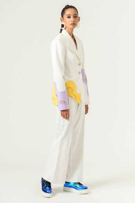 Siddhant Agrawal White Poly Velvet Satin And Pu Leather Wide Leg Trousers Online at Aza Fashions Siddhant Agrawal_White Poly Velvet Satin And Pu Leather Wide Leg Trousers _Online_at_Aza_Fashions