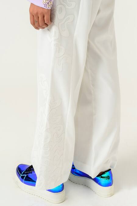 Shop Siddhant Agrawal White Poly Velvet Satin And Pu Leather Wide Leg Trousers Online at Aza Fashions Shop_Siddhant Agrawal_White Poly Velvet Satin And Pu Leather Wide Leg Trousers _Online_at_Aza_Fashions