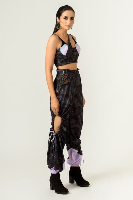 Siddhant Agrawal_Black Lycra And Velvet Satin Printed Joggers With Skirt _Online_at_Aza_Fashions