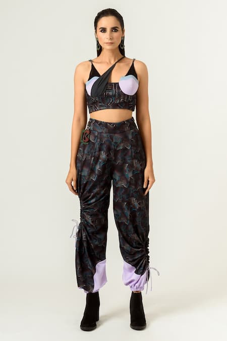 Buy_Siddhant Agrawal_Black Lycra And Velvet Satin Printed Joggers With Skirt _Online_at_Aza_Fashions