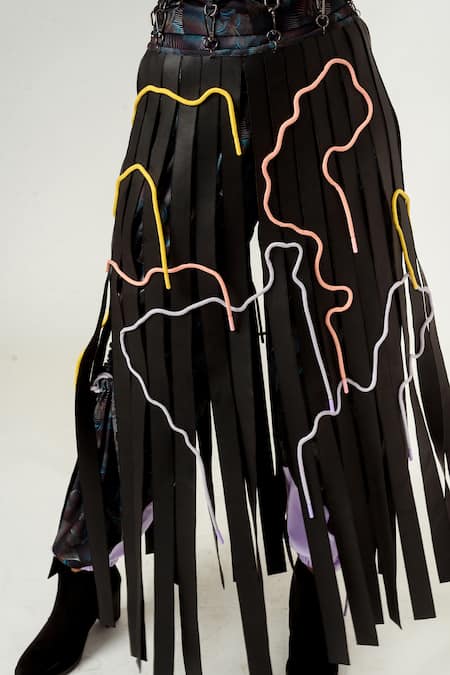 Shop_Siddhant Agrawal_Black Lycra And Velvet Satin Printed Joggers With Skirt _Online_at_Aza_Fashions