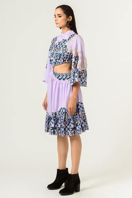 Buy_Siddhant Agrawal_Purple Poly Velvet Satin Round Printed Dress _Online_at_Aza_Fashions