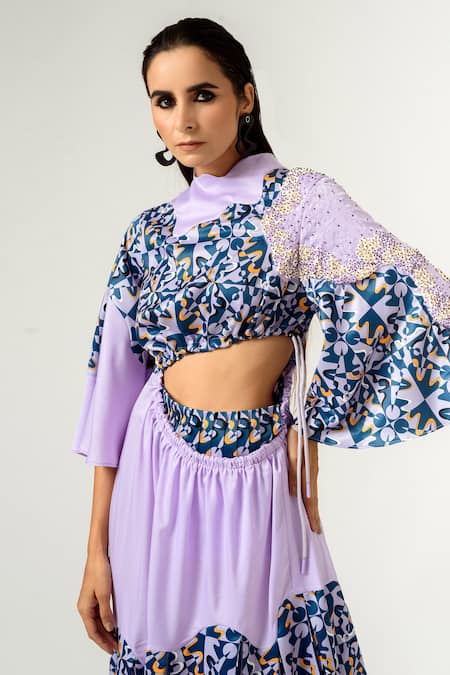 Shop_Siddhant Agrawal_Purple Poly Velvet Satin Round Printed Dress _Online_at_Aza_Fashions