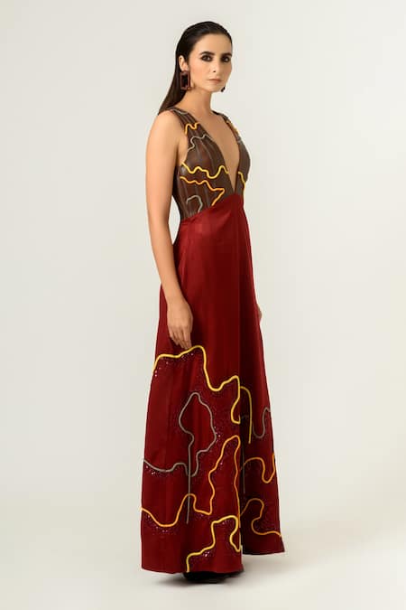 Siddhant Agrawal_Red Velvet Satin And Pu Leather Lining Rayon V Neck Embellished Gown _Online_at_Aza_Fashions