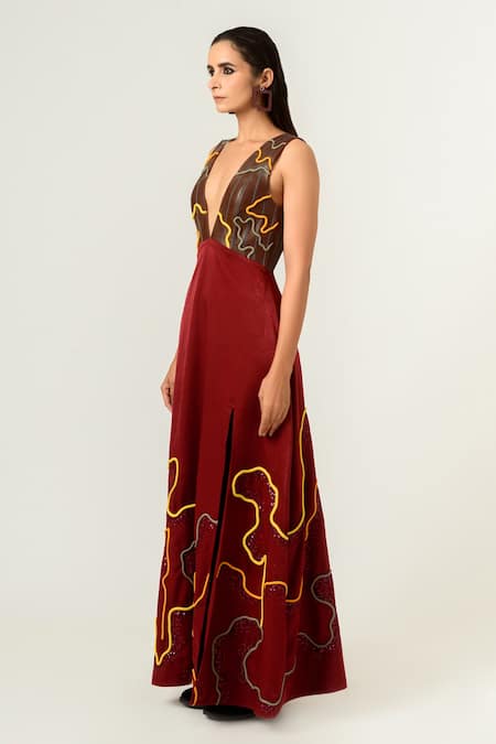 Buy_Siddhant Agrawal_Red Velvet Satin And Pu Leather Lining Rayon V Neck Embellished Gown _Online_at_Aza_Fashions