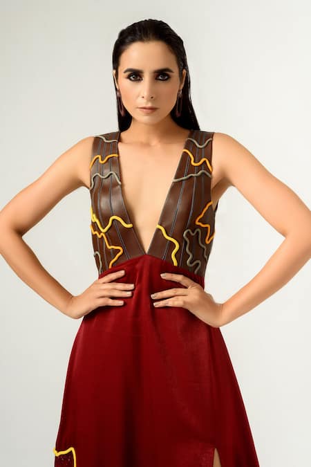 Shop_Siddhant Agrawal_Red Velvet Satin And Pu Leather Lining Rayon V Neck Embellished Gown _Online_at_Aza_Fashions