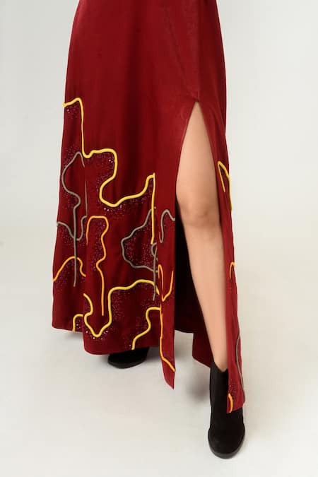 Siddhant Agrawal_Red Velvet Satin And Pu Leather Lining Rayon V Neck Embellished Gown _at_Aza_Fashions