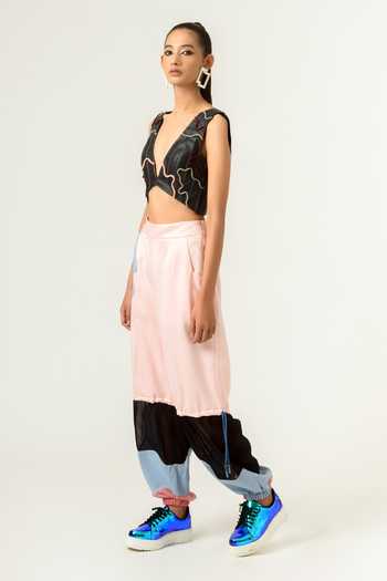 Buy_Siddhant Agrawal_Black Pu Leather Lining Poly Rayon V Neck Embroidered Crop Top _Online_at_Aza_Fashions