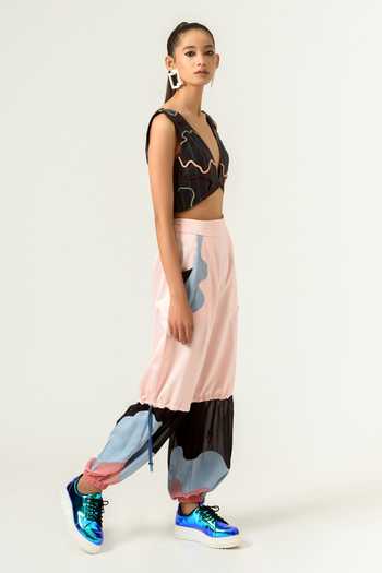 Siddhant Agrawal_Peach Textured Crepe And Georgette, Velvet Satin Colorblock Joggers _Online_at_Aza_Fashions