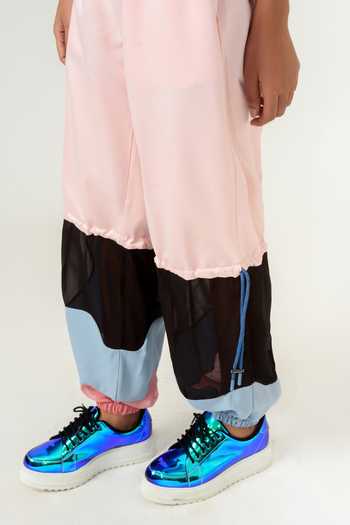 Shop_Siddhant Agrawal_Peach Textured Crepe And Georgette, Velvet Satin Colorblock Joggers _Online_at_Aza_Fashions