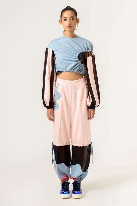 Siddhant Agrawal_Blue Textured Crepe, Velvet Satin And Knit Full Sleeve Crop Top _Online_at_Aza_Fashions