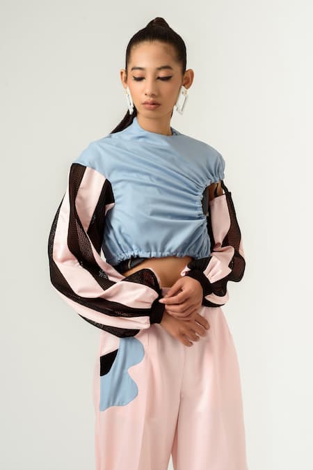 Buy_Siddhant Agrawal_Blue Textured Crepe, Velvet Satin And Knit Full Sleeve Crop Top _Online_at_Aza_Fashions