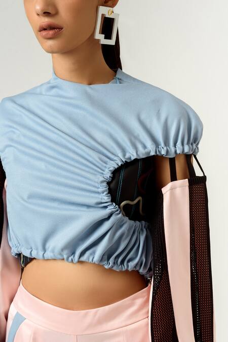 Shop_Siddhant Agrawal_Blue Textured Crepe, Velvet Satin And Knit Full Sleeve Crop Top _Online_at_Aza_Fashions