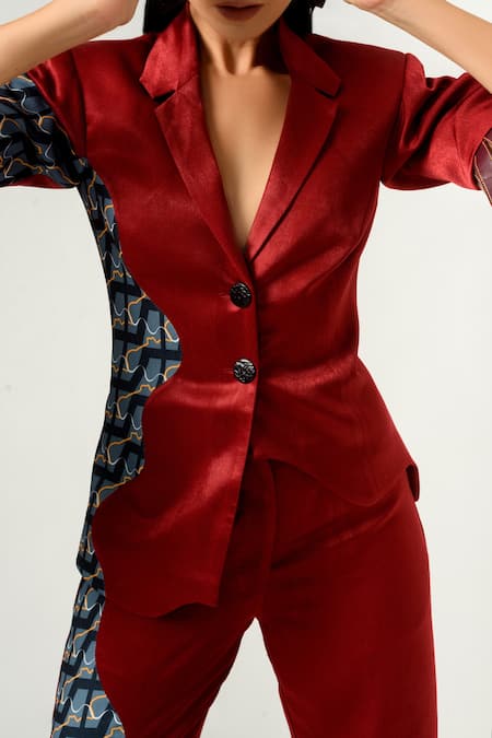 Siddhant Agrawal_Red Velvet Satin And Pu Leather Lining Rayon Lapel Printed Blazer _at_Aza_Fashions