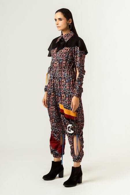 Siddhant Agrawal_Black Lycra And Velvet Satin Spread Collar Printed Jumpsuit _Online_at_Aza_Fashions